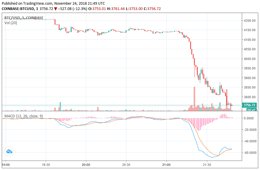 Newsflash: bitcoin price plummets to $3,755 to set another yearly low Bitcoin price
