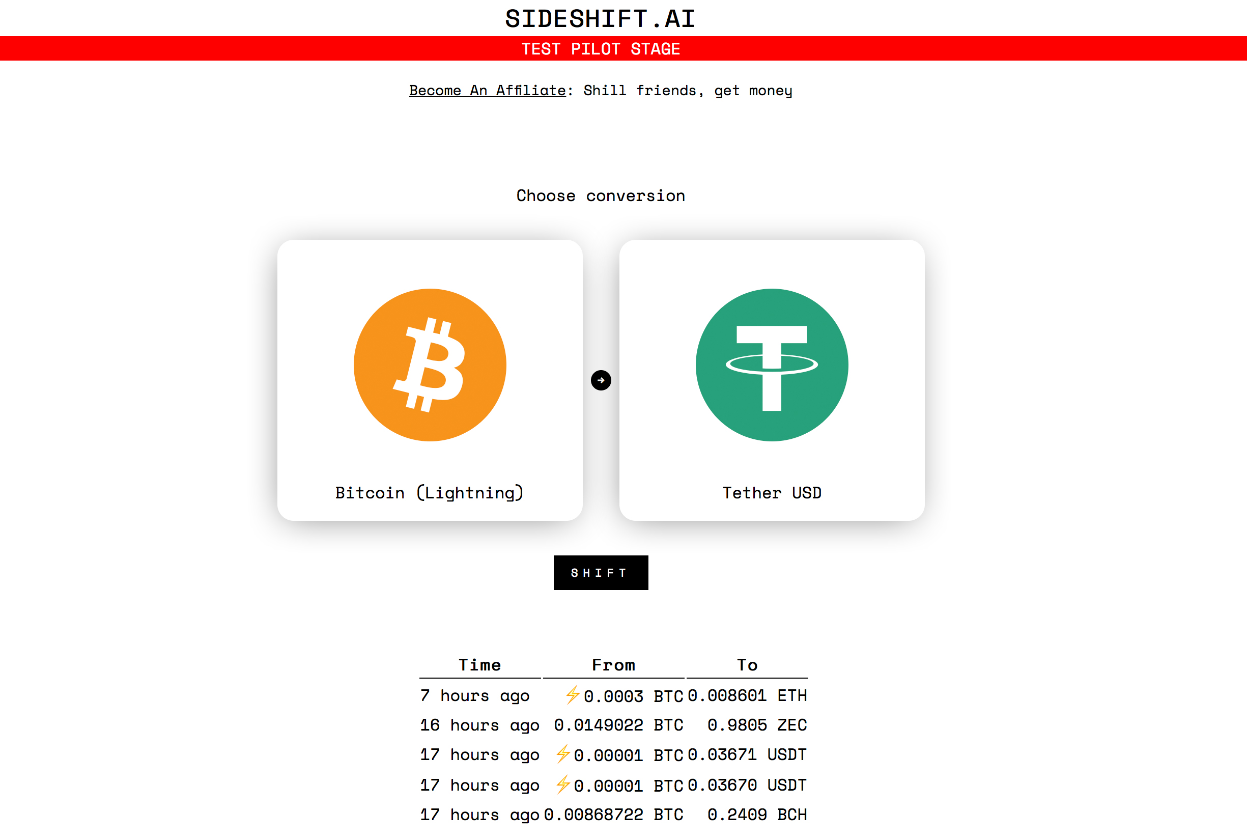 Sideshift app demonstrates a trade between lightning network btc and tether Sideshift app demonstrates a trade between lightning network btc and tether
