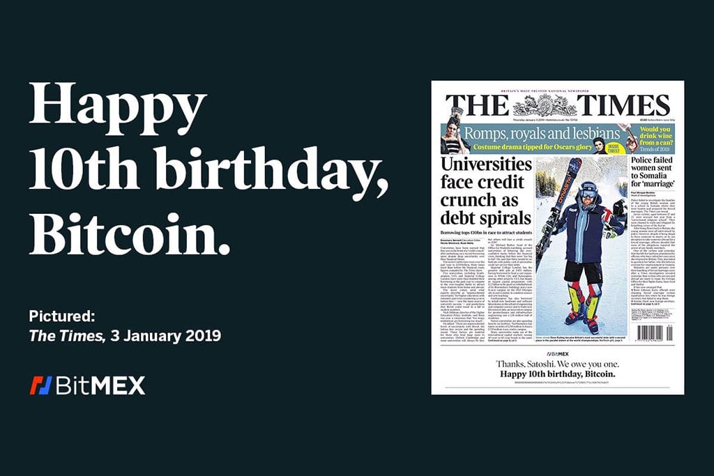 Bitmex celebrates 10th anniversary of cryptocurrency on the front page of the times newspaper Bitmex celebrates 10th anniversary of cryptocurrency on the front page of the times newspaper