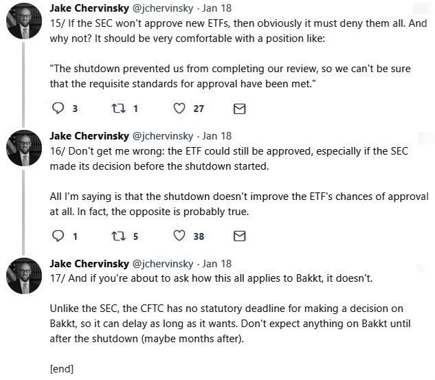 Vaneck unfazed by shutdown’s impact on crypto etf application Jake chervinksy vaneck bitcoin etf sec twitter
