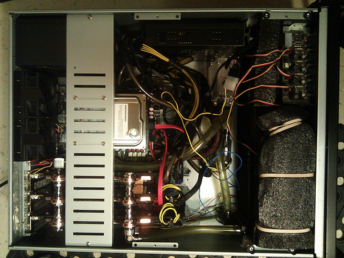 Water cooled bitcoin miner, 3 5970s. Tags