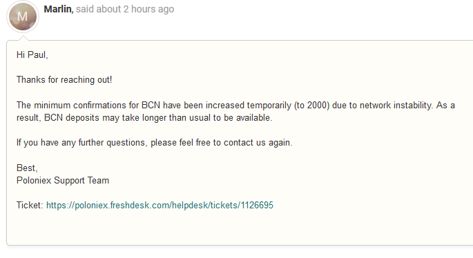 Poloniex requires 2,000 confirmations for bytecoin transactions Poloniex requires 2,000 confirmations for bytecoin transactions