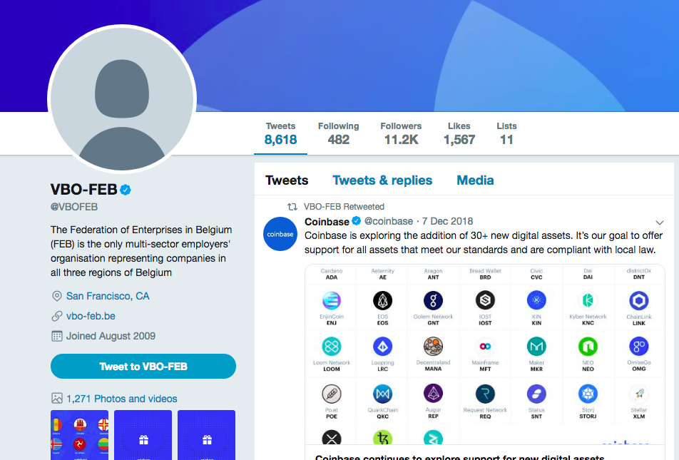 Feb’s twitter account at press time, jan. 9 Hackers turn twitter of belgian non-profit into fake coinbase promo account