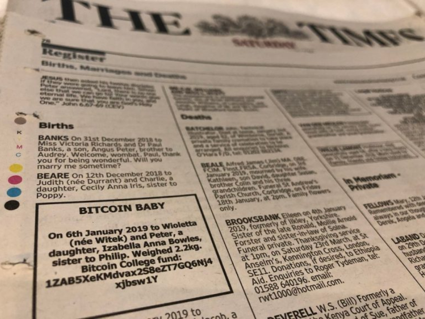 On the brink of…college? ‘bitcoin baby’ receives btc from ad in the times On the brink of…college? ‘bitcoin baby’ receives btc from ad in the times
