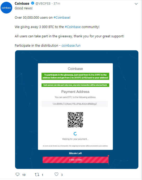 Fake coinbase tweet promoting a scam giveaway Hackers turn twitter of belgian non-profit into fake coinbase promo account