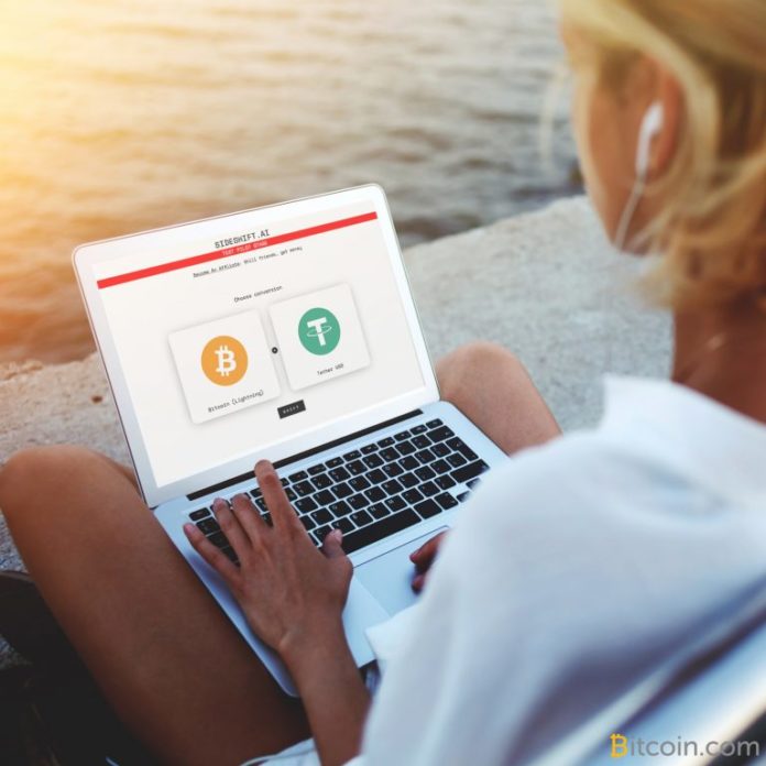 Ss-768x768. Jpg Sideshift app demonstrates a trade between lightning network btc and tether