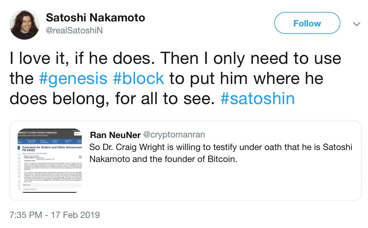 Another 'satoshi' steps out of the woodwork, calls craig wright a liar Another 'satoshi' steps out of the woodwork, calls craig wright a liar