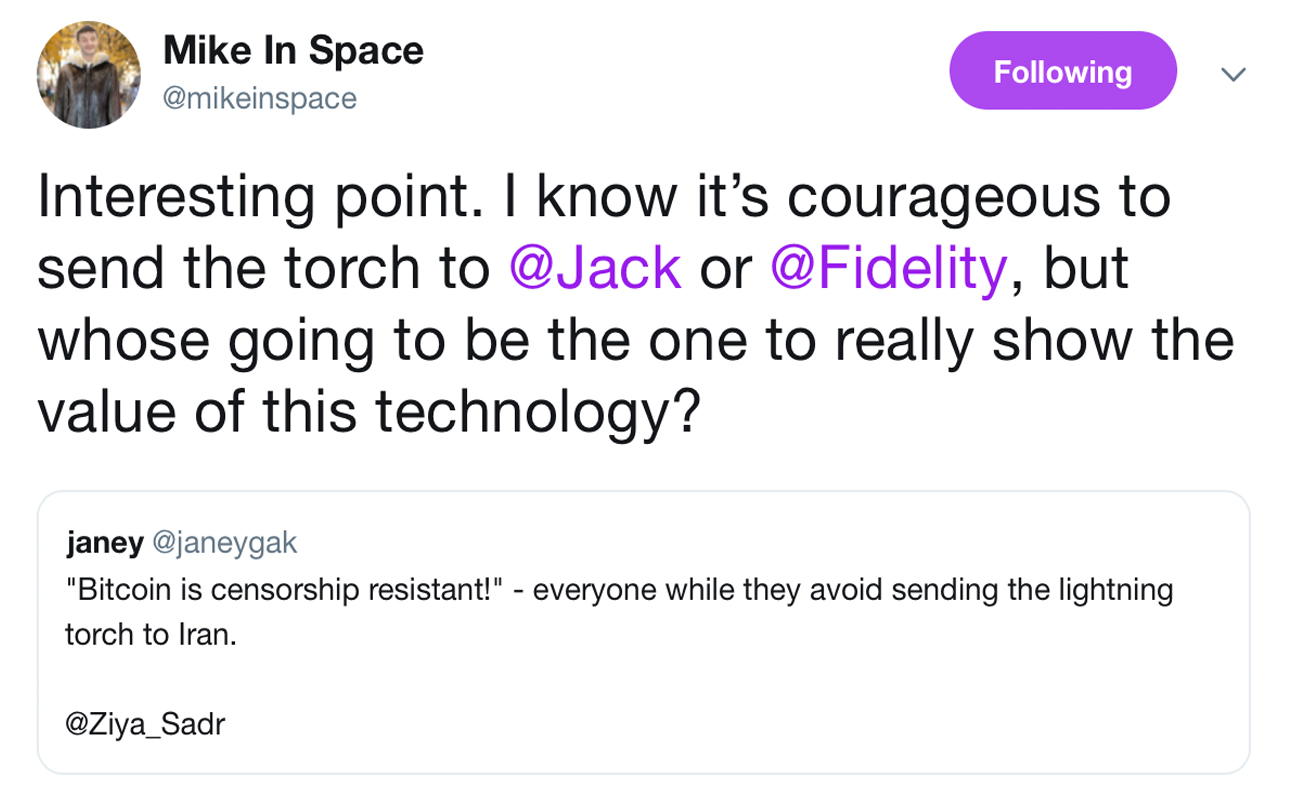 Lightning network: cool enough for twitter jack and fidelity but not iran Lightning network: cool enough for twitter jack and fidelity but not iran