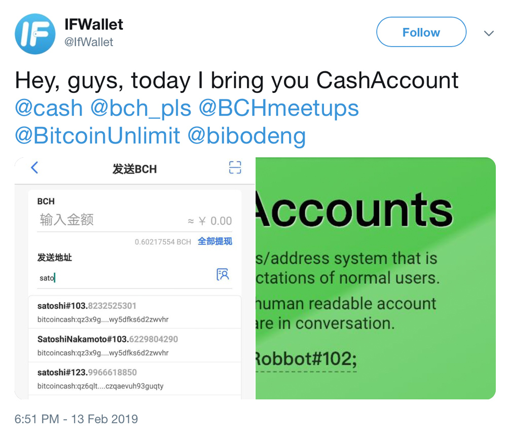 Bitcoin cash-focused ifwallet implements cash accounts name system Bitcoin cash-focused ifwallet implements cash accounts name system