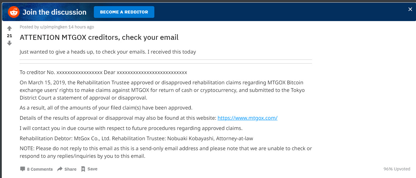 Mt. Gox gets closer to returning over 141,000 bitcoin to its users Reddit