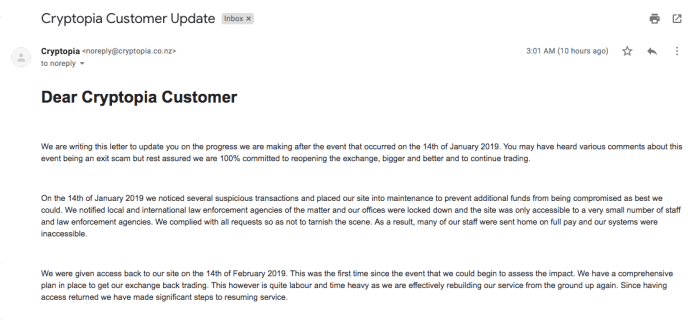 Cryptopia assures users of its commitment to reopening exchange; provides update on lost funds | Cryptopia assures users of its commitment to reopening exchange; provides update on lost funds |