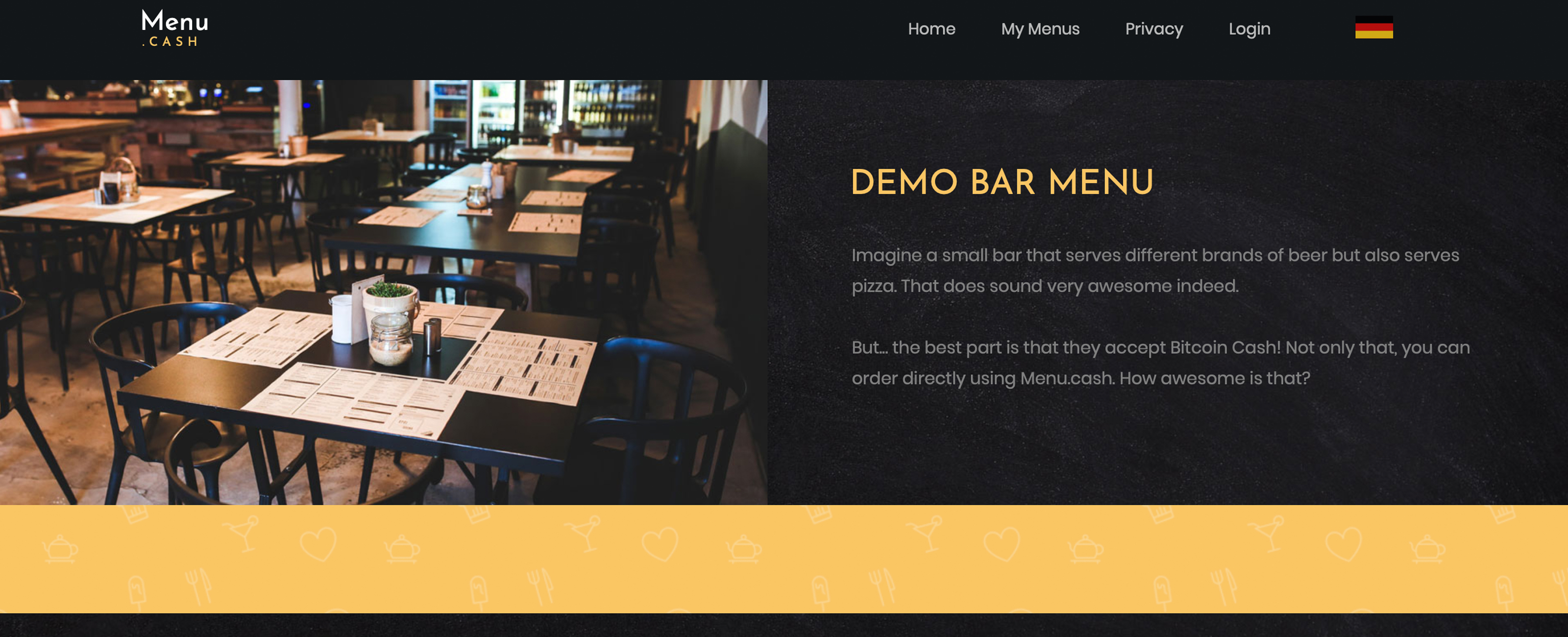 Menu. Cash allows diners to create table-specific orders and pay with bch Menu. Cash allows diners to create table-specific orders and pay with bch