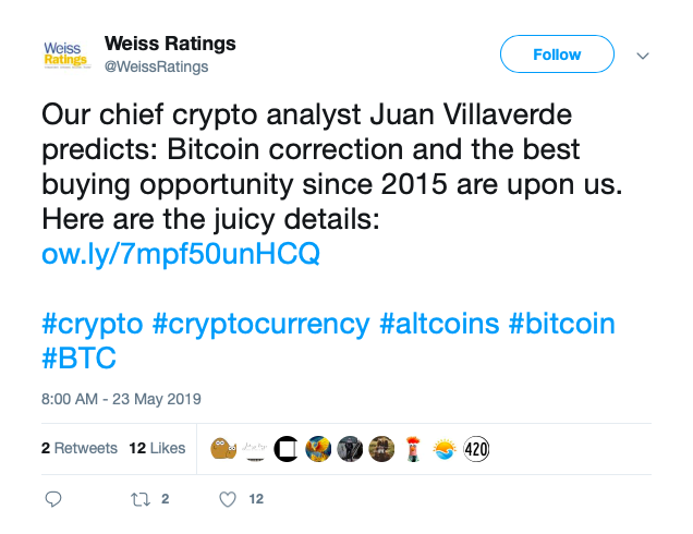 Weiss ratings: bitcoin correction the best buying opportunity since 2015 Weiss ratings: bitcoin correction the best buying opportunity since 2015