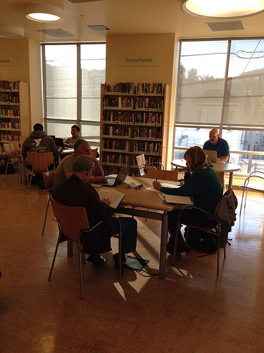 Science fiction bookshelf in glen park library near where ross ulbricht was arrested for silk road Tags