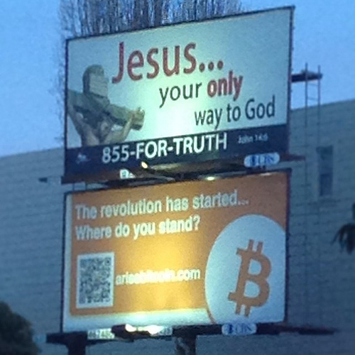 Only in san francisco do you see a jesus billboard on top of a bitcoin billboard. Tags