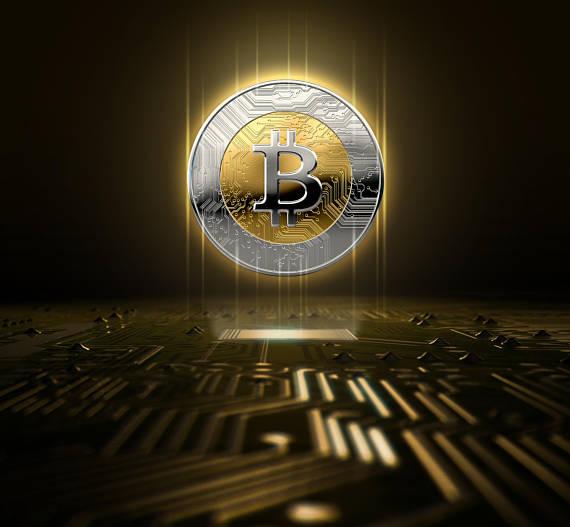 Cryptocurrency bitcoin hologram and circuit board