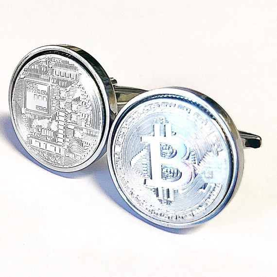 Bitcoin cufflinks -silver plated bitcoin cufflinks - 100% satisfaction guarantee - presented in cufflinks gift box - peer to peer -