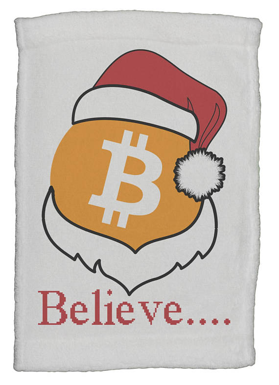 Bitcoin logo w/ santa hat "believe" super soft 8 x 12 inch hand towel