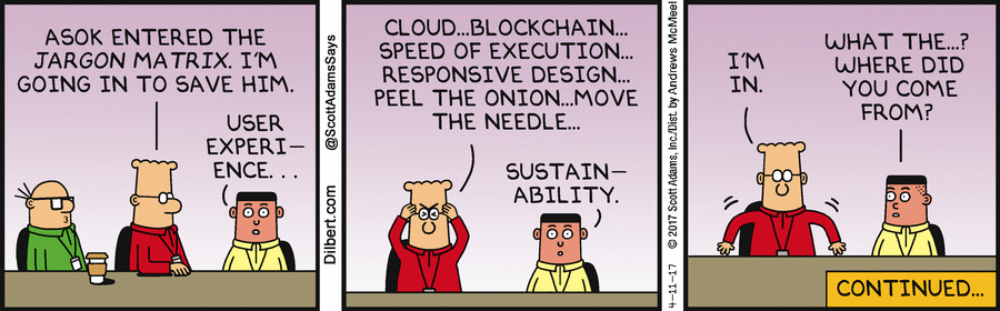 Dilbert lampoons corporate blockchain ignorance in comic strip Dilbert