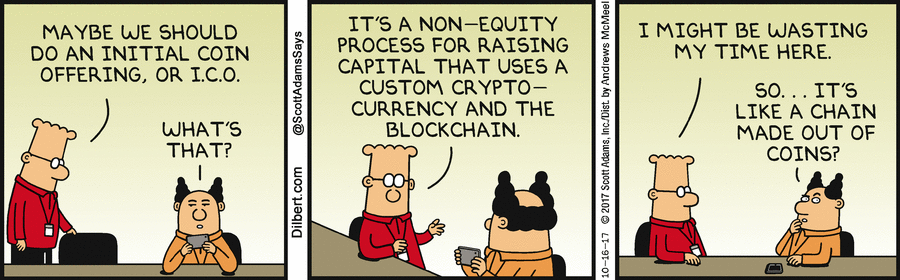 Dilbert lampoons corporate blockchain ignorance in comic strip Dilbert