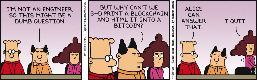 Dilbert lampoons corporate blockchain ignorance in comic strip Dilbert