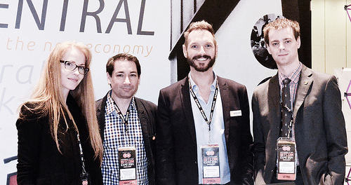 Tamara haasen, anthony di iorio, a. Traviss corry, and addison cameron-huff at the sponsor booth for decentral at the bitcoin expo 2014 toronto. Tags