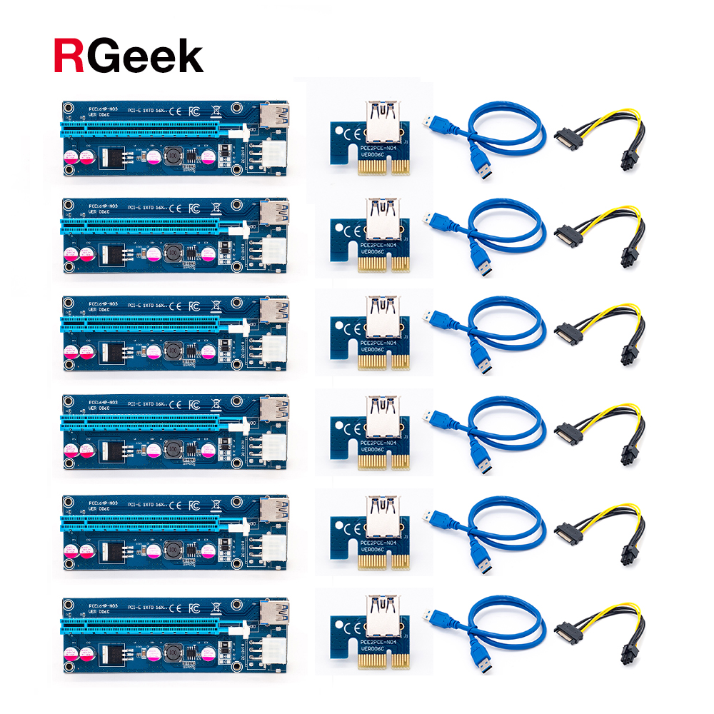 6pcs 006c pcie pci-e pci express riser card 1x to 16x usb 3. 0 data cable adapter sata to 4pin ide molex 6 pin for <b>bitcoin</b> mining