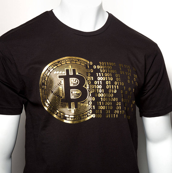 Vintage golden bitcoin t-shirt for crypto currency traders, bitcoin gold logo. Handmade.