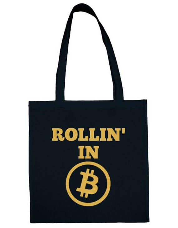 Bitcoin tote bag. 'rollin' in bitcoin' cryptocurrency cotton shopping bag with gold image. Perfect gift or present for yourself!