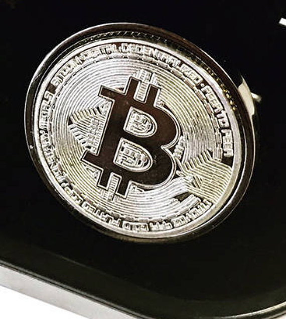 Bitcoin cufflinks -silver plated bitcoin cufflinks - 100% satisfaction guarantee - presented in cufflinks gift box - peer to peer -