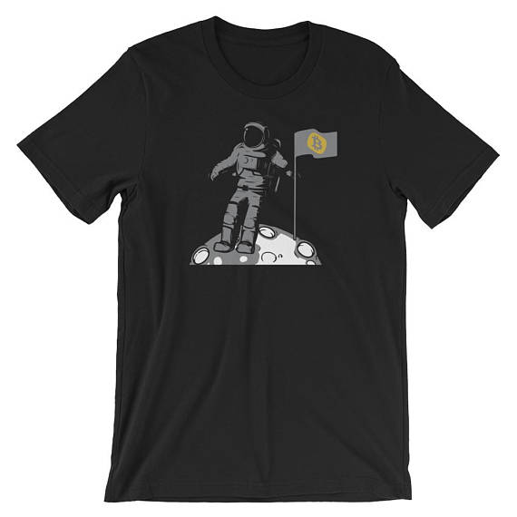 Bitcoin flag astronaut moon landing pun humor shirt | cryptocurrency digital blockchain transaction t-shirt | pseudonymous hodl crypto tee