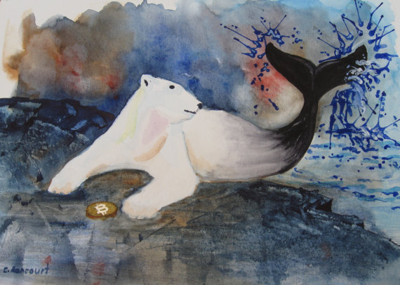 Crypto currency bear whale & gold bitcoin. Bitcoin art crypto currency print. Mythical bitcoin art, libertarian art. 8 x 10 in. (20x25 cm)