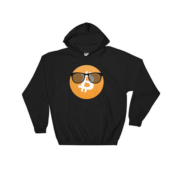 Bitcoin logo cool shades hoodie. Bitcoin cryptocurrency hooded sweatshirt. Btl, alt coin and cryptocoin sweatshirt. Trader and miner hoodie