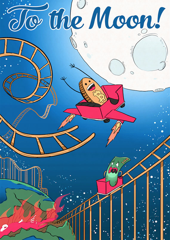 To the moon bitcoin guy vs fiat money guy rollercoaster poster crypto cryptocurrency art print