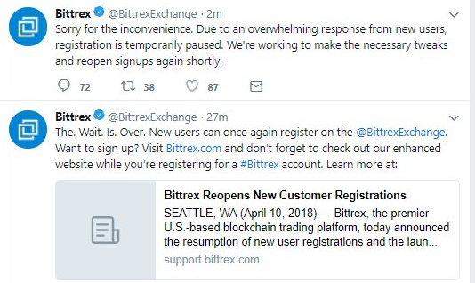 Bittrex reopens new user registrations — but only for 25 minutes